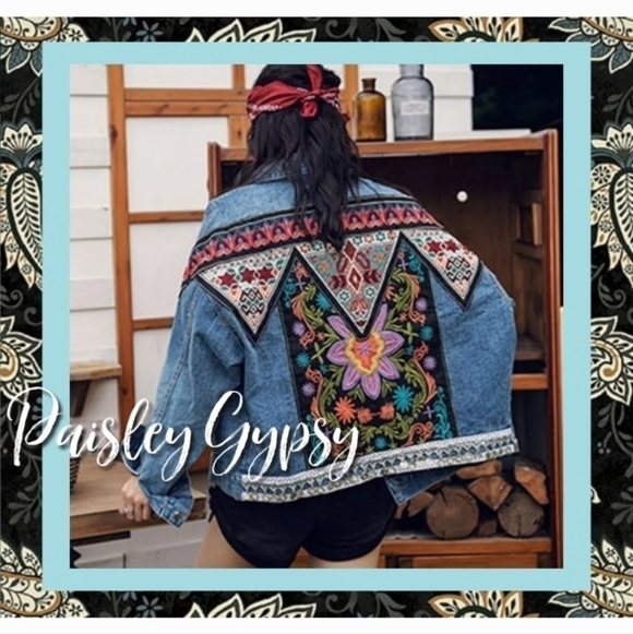 Blue Denim Embroidered Jean Jacket Oversized OSFM - Picture 2 of 14